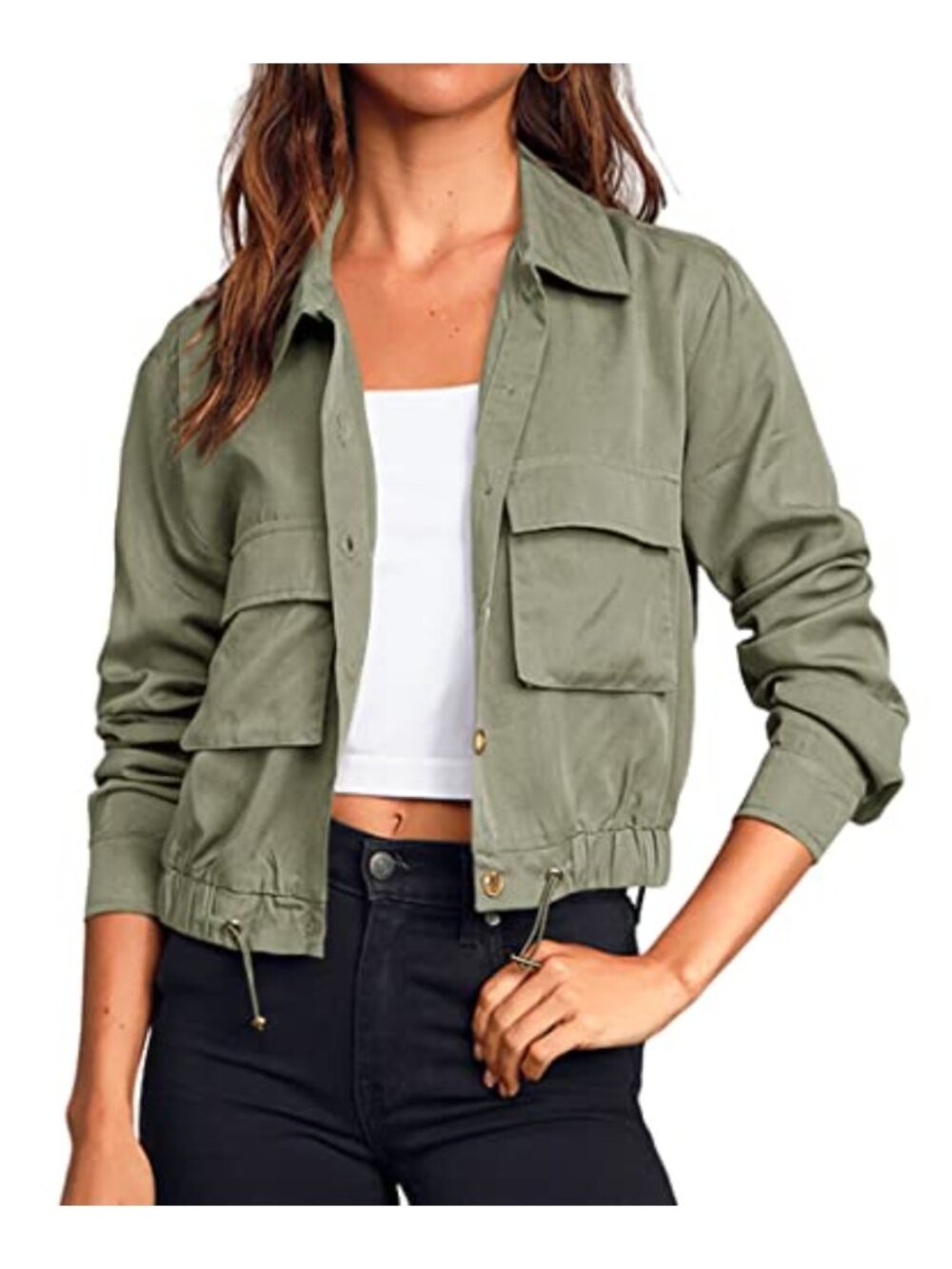 Women's Lightweight Cropped Utility Jacket Button Down Pockets